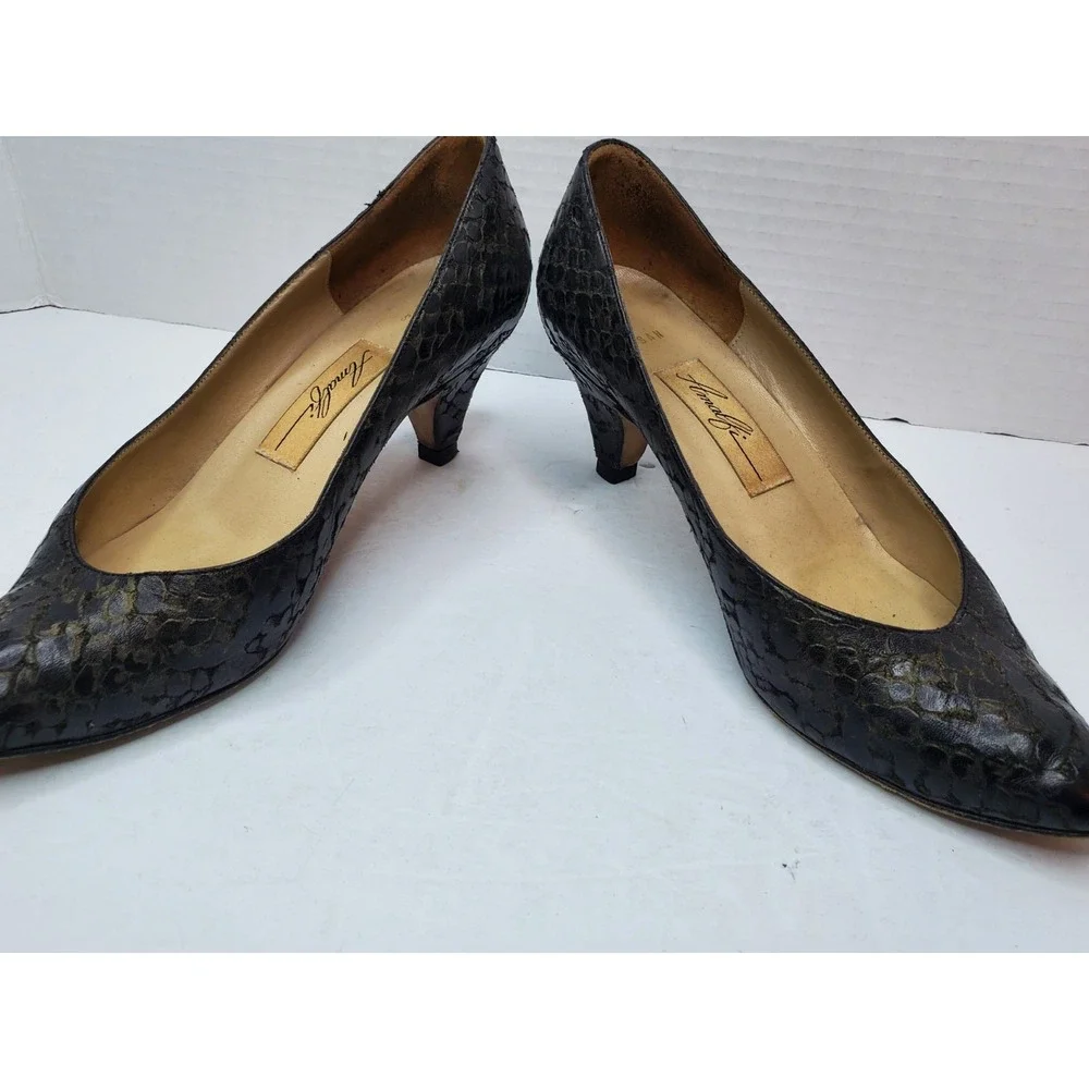 AMALFI Metalic‎ Black Anaconda Leather Pumps Kitten Heels Shoes 8B Italy Y2K